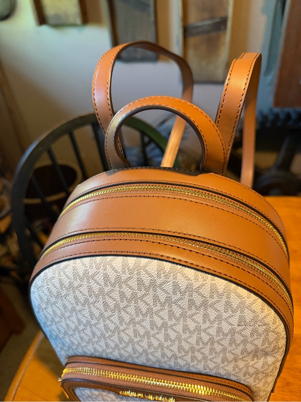 NWT Michael Kors MK Beige and Brown Signature Mini Backpack - Picture 3 of 7